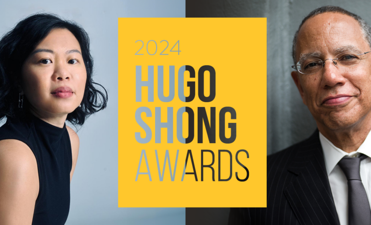 Composite portraits of Emily Feng and Dean Baquet with the text "2024 Hugo Shong Awards."