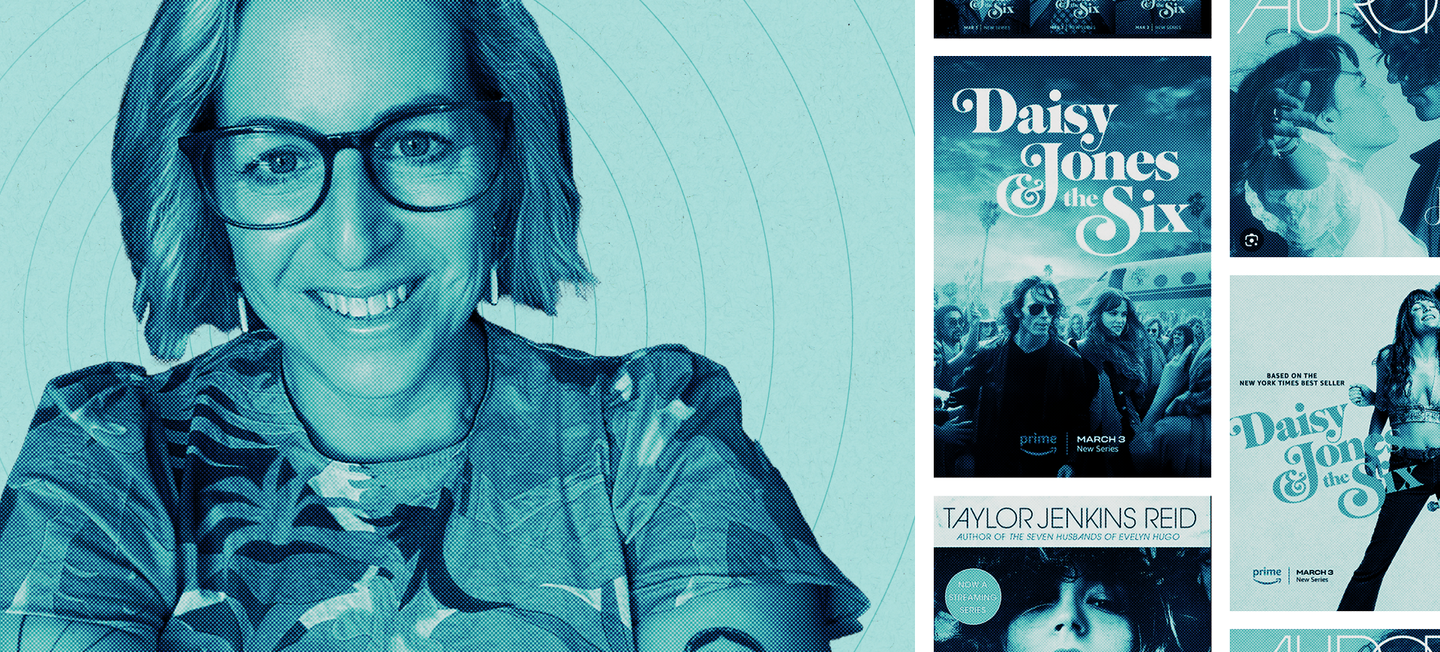 Photo illustration of Stacy Traub and artwork from the series Daisy Jones and the Six.