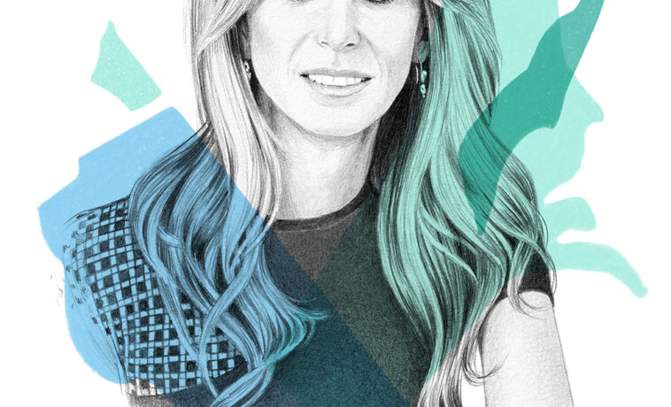 Black and white sketch of Bonnie Hammer with light blue and green accents.