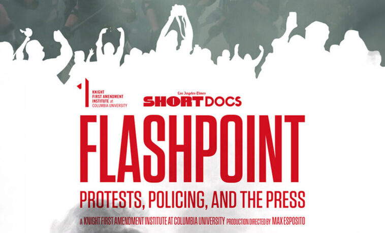 A crowd of protesters in silhouette with the text "Flashpoint: protests, policing and the press.