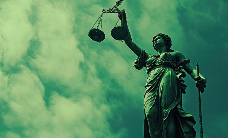 Illustration of lady justice holding a scale high in her left hand.