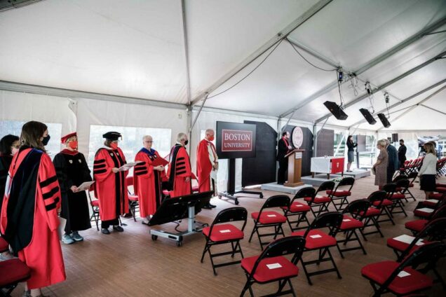 View of the front stage of the 2021 Baccalaureate service during BU's 148th Commencement.