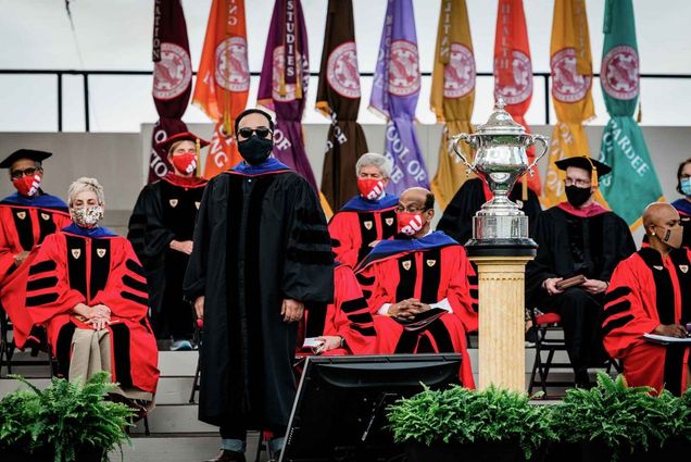 Steve Ramirez, College of Arts & Sciences assistant professor of psychological and brain sciences, is awarded the Metcalf Cup & Prize during BU's 148th Commencement.