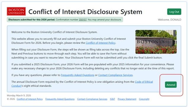 COI Disclousre System - Amend your disclosure screenshot