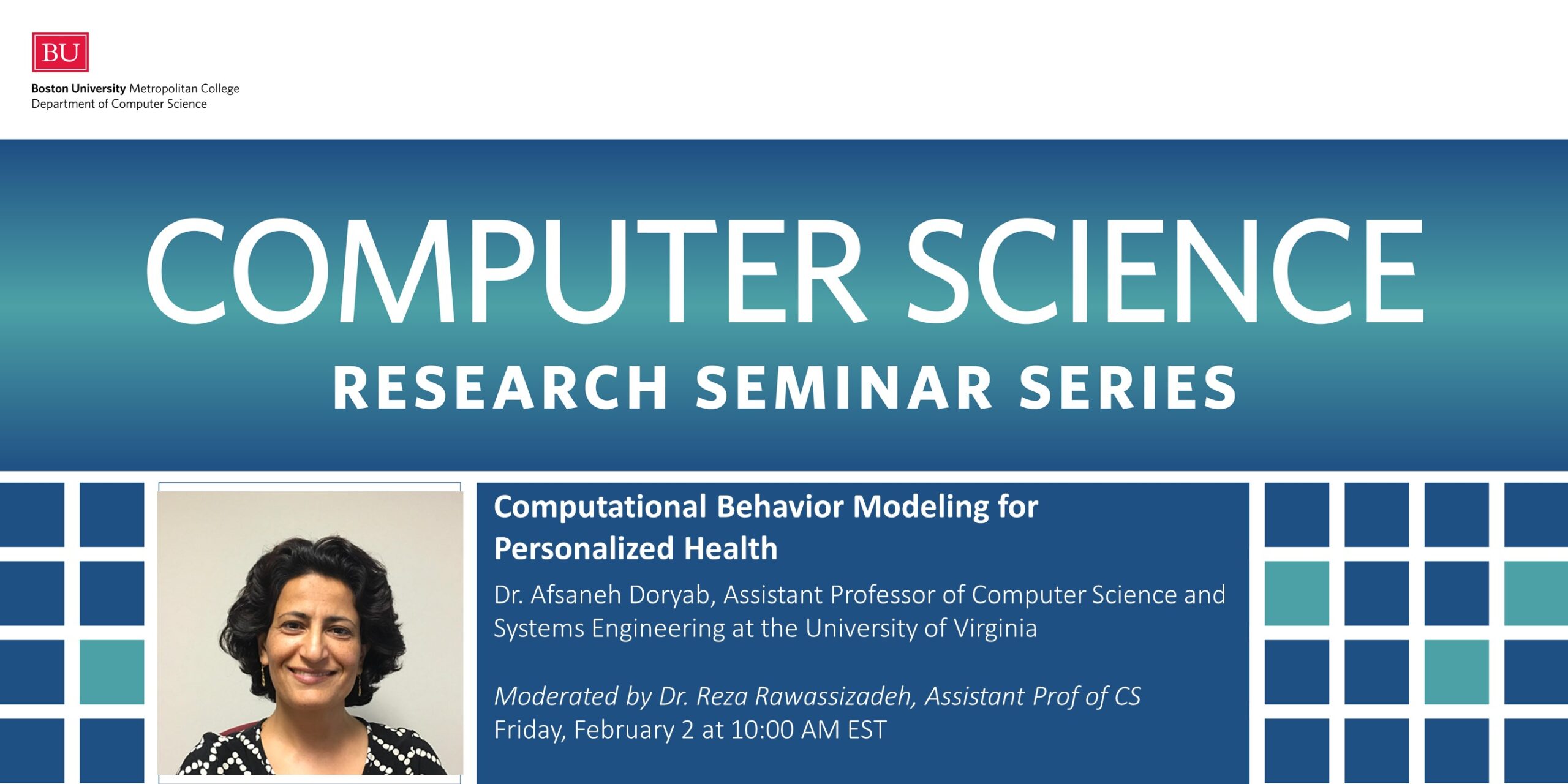 Computer Science Seminar Series Graphic for Afsaneh Doryab