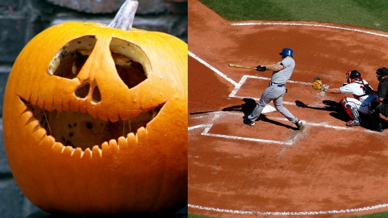 A Jack-O-Lantern and baseball player