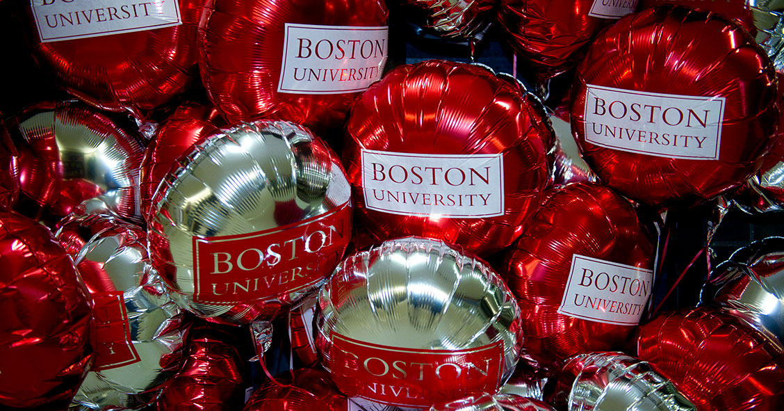 Red & silver balloons with Boston University logo printed on them