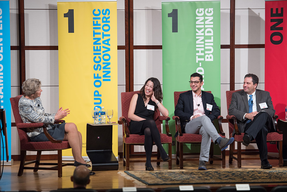 Karen Antman, MED dean and Medical Campus provost (left), and Kenneth Lutchen, ENG dean, moderated the panel titled Interdisciplinary Biomedical Research at Boston University at the Kilachand Center’s inaugural symposium September 15. On the panel were (from left) ENG’s Xue Han and Ahmad “Mo” Khalil and MED’s Darrell Kotton. Photos by Cydney Scott