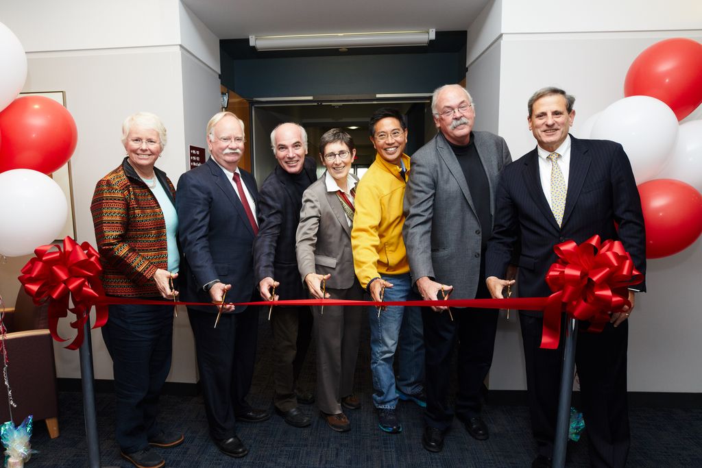 Leadership from Boston University and the College of Engineering cut the ribbon celebrating the opening of the National Science Foundation Engineering Research Center on October 2, 2017. Left to right, University Provost Jean Morrison, University President Robert A Brown, Prof. Thomas Bifano (ME, MSE), Prof. Alice White (ME), Prof. Christopher Chen (BME), Prof. David Bishop (ECE, MSE) and Dean Kenneth R. Lutchen. Photo by Dave Green for Boston University Photography