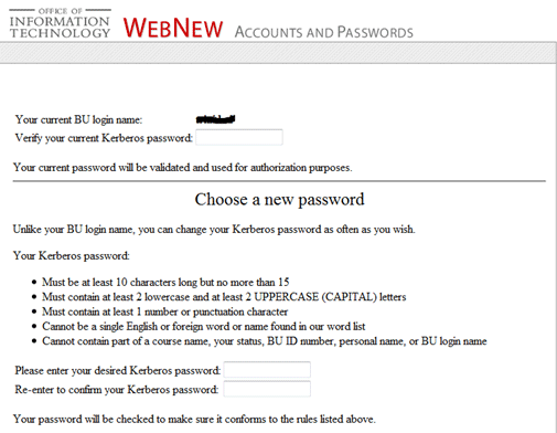 Changing Kerberos Password Enrollment Services Operations Boston University