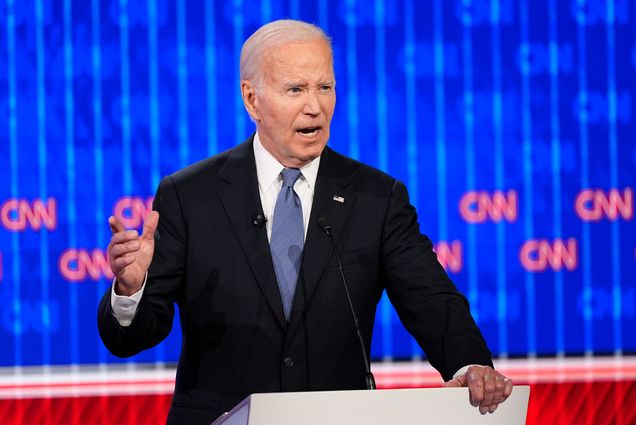 President Joe Biden speaking during the presidential debate with Republican presidential candidate and former president Donald Trump on June 27 in Atlanta. 