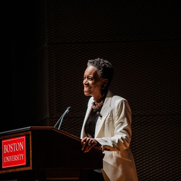 BU President Melissa Gilliam at her inaugural Presidential Address, at the Tsai Performance Center January 28 - the first in what is expected to become an annual tradition.