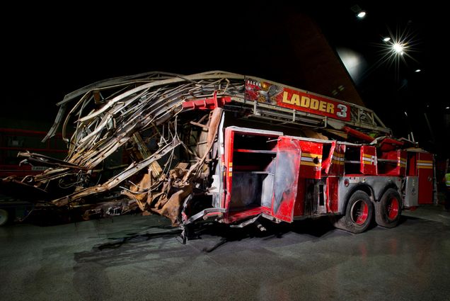 New York Fire Department’s Ladder 3 fire truck, parked on West Street near Vesey Street, was crushed when the towers collapsed. Courtesy of the 9/11 Memorial & Museu