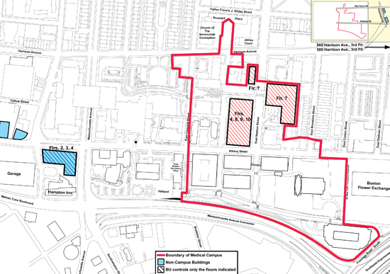 Map showing area of Boston University School of Medicine BUSM campus covered by Boston University Police Department BUPD