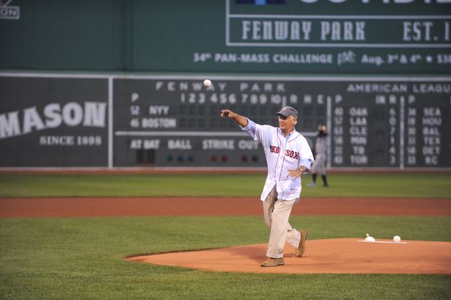 Boston University BU, former hockey coach Jack Parker first pitch, Boston Red Sox, Fenway Park