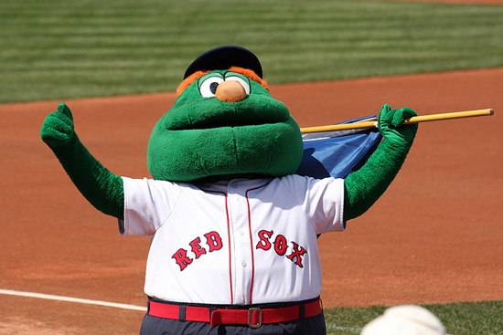 Wally The Green Monster, the Boston Red Sox mascot, performs