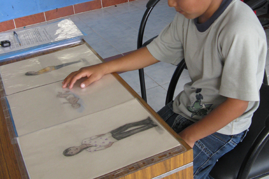 Emmons showed the children drawings of a baby, a young woman, and the same woman while pregnant, then asked a series of questions about the child’s abilities, thoughts, and emotions during each period. Photo courtesy of Emmons