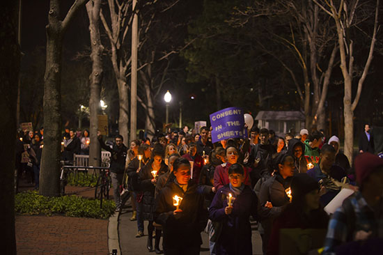 Boston University - Center of Gender, Sexuality and Activism, demonstrate against sexual assault and demand to "Take Back the Night" as a safe place.