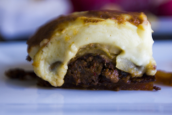 Moussaka ($12.95), a blend of ground beef, potatoes, eggplant, and béchamel sauce, comes with a side Greek salad and a choice of any hot side dish.