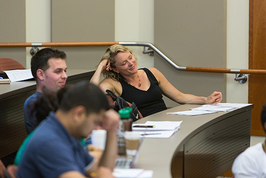 Meg Tyler (GRS’04), a CGS associate professor of humanities, with students Edis Mujanovic (MET’17) (back) and Kenedy Guzman (MET’17) (front) during The Irish in Boston class