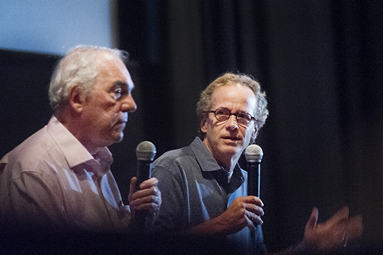Boston University College of Communication professor Dick Lehr and Gerard O'Neill answer questions from students following a private screening of the movie Black Mass in Boston on Thursday, September 17, 2015.