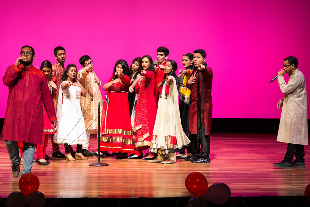 Members of the "Hindi fusion A cappella" group Suno, which in Hindi means 'listen', perform at the Boston University India Club's biannual BUIC Spring Show 2016 at the Tsai Center on Saturday. Photo by Pankaj Khadka (COM'16)
