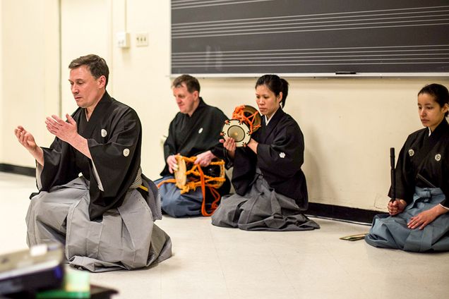 Members of the Theatre Nohgaku, perform a set during a Noh music performance/discussion session at the College of Fine Arts on Friday afternoon. Theatre Nohgaku, "an international performance group devoted to sharing the beauty and power of the classical Japanese noh drama" is currently at BU as a part of the five-day residency program where the theatre artists will engage in discussions, workshops and performances throughout the week. Photo by Pankaj Khadka