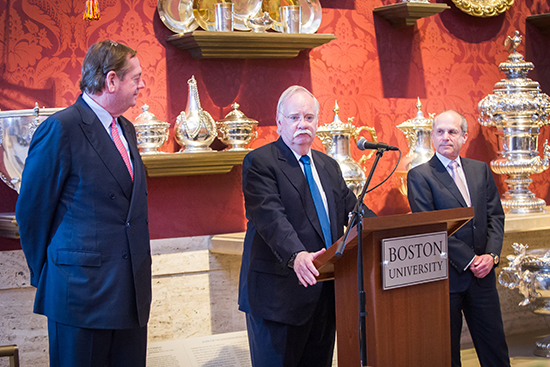 Board of Trustees chairman Robert A. Knox, President Robert A. Brown, and campaign chairman Kenneth J. Feld speak during a Board of Trustees dinner