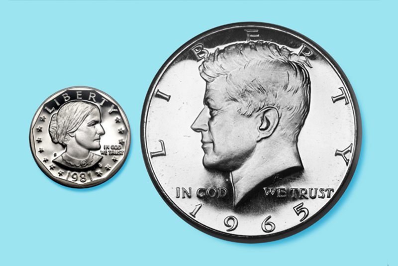 susan b. anthony dollar coin and john f. kennedy half-dollar coin