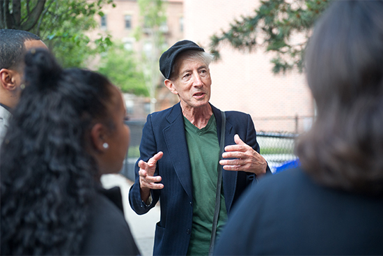 North End historian and author Dom Capossela talks about the North End neighborhood to students in Boston University Metropolitan College summer course about history and culture of the North End