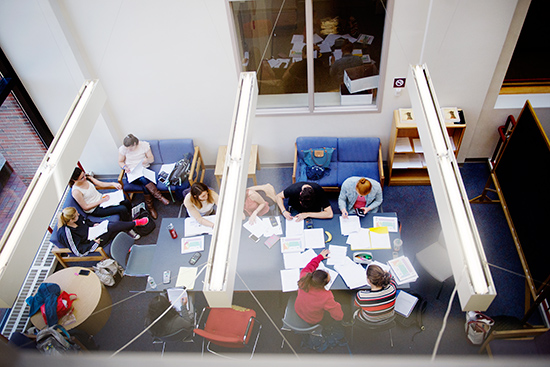 View of students studying in Metcalf Science Building