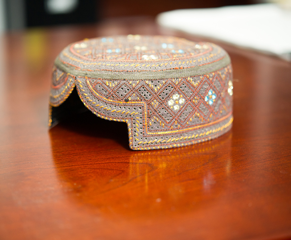 Sindhi cap or Balochi cap in the office of John Woodward, professor of international relations at Boston University Pardee School of Global Studies