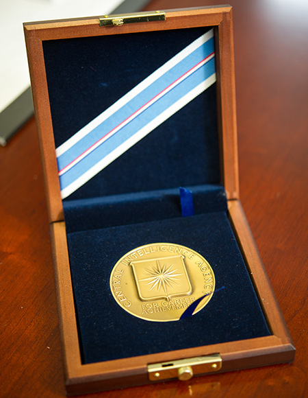 Career Intelligence Medal from the US Central Intelligence Agency in the office of John Woodward, professor of international relations at the Boston University Pardee School of Global Studies