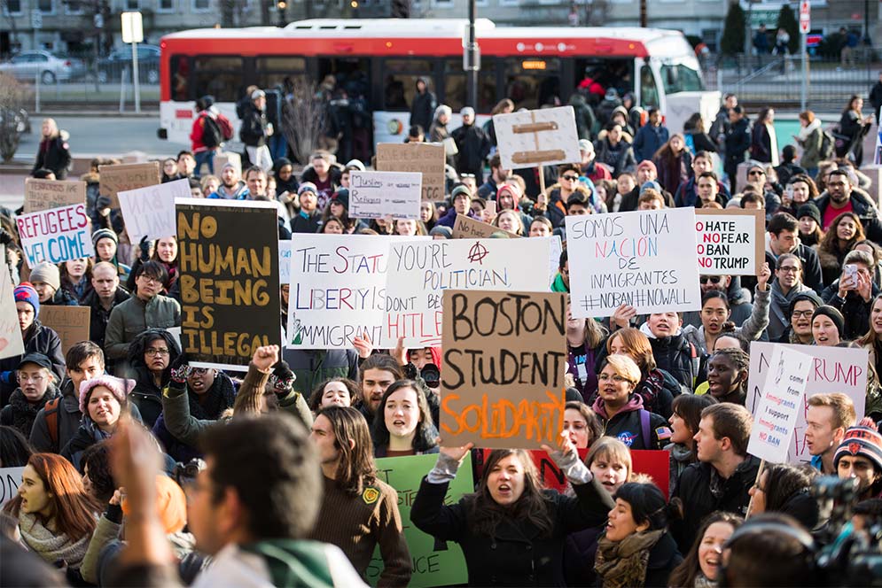 Students at Boston University participate in a rally protesting Donald Trump's Executive Order Immigration and Refugee Ban