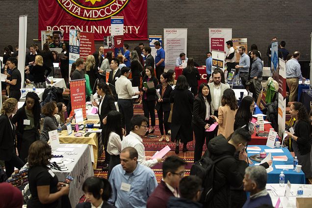 students talking to potential employers in Metcal Hall