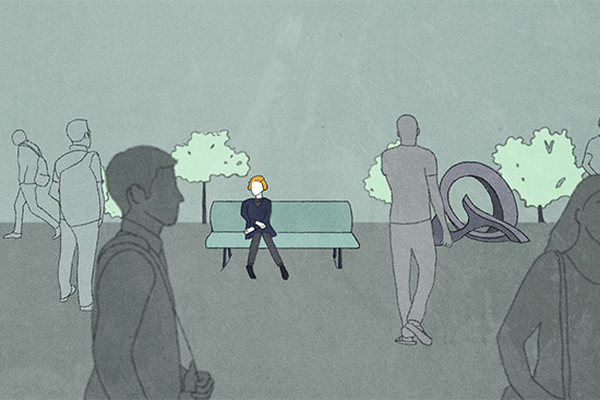 animation of Deniz Hallik sitting on a park bench