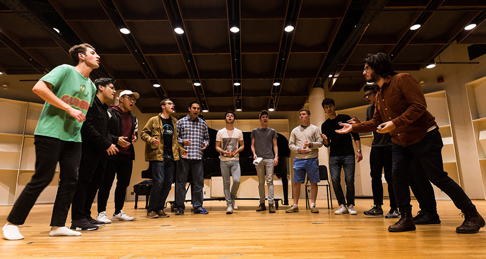 Dear Abbeys a cappella group rehearse a rendition of the Bruno Mars song Chunky, which they will perform at the a cappella group's 25th anniversary concert