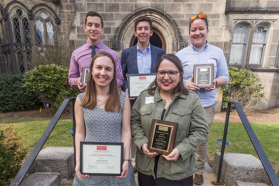 2017 Student Employee of the Year Award Winners Miles Avila, Christopher Crivelli, Sara Do, Caylin Marotta, Tesla Abrego