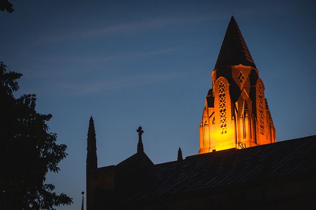 Marsh Chapel at dusk. Photo by Jackie Ricciardi