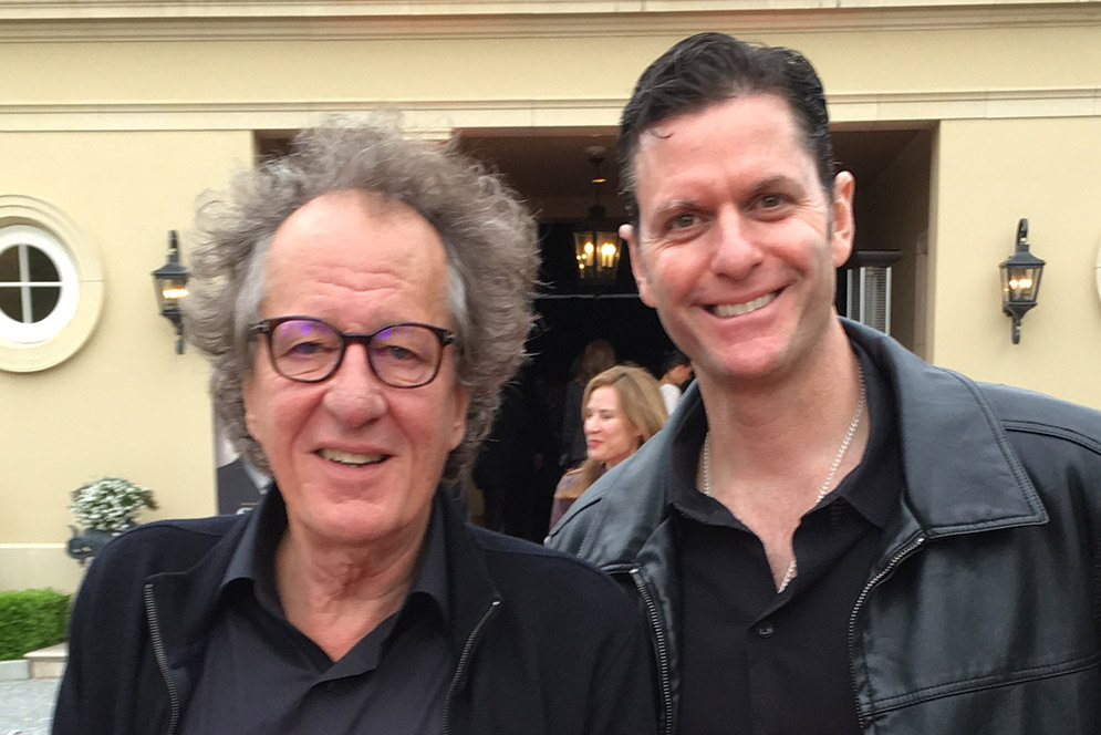 Sam Sokolow with Genius star Geoffrey Rush at a premiere event for Genius in Palo Alto, Calif.