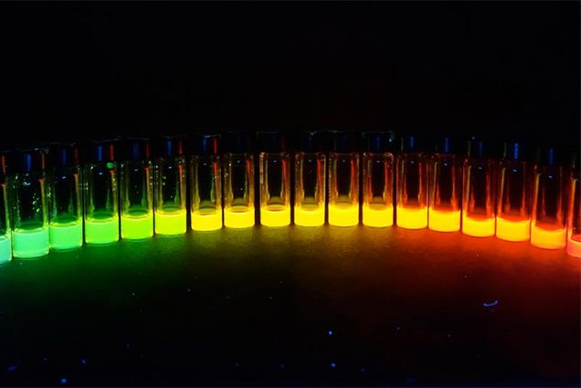 Quantum dots glow different colors under UV light depending on their size. Dennis and her colleagues are developing dots that will respond to deep red and near-infrared light—same idea, not as pretty.