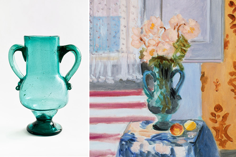 Blown glass vase on left, Matisse painting of vase on right