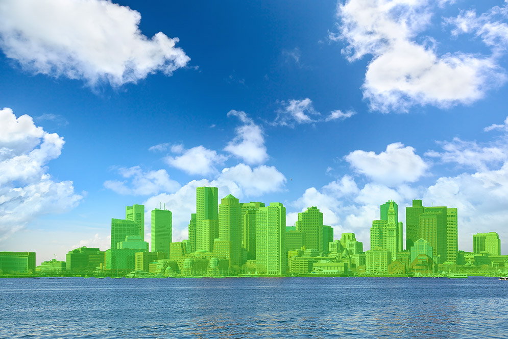 Green-colored rendering of Boston skyline