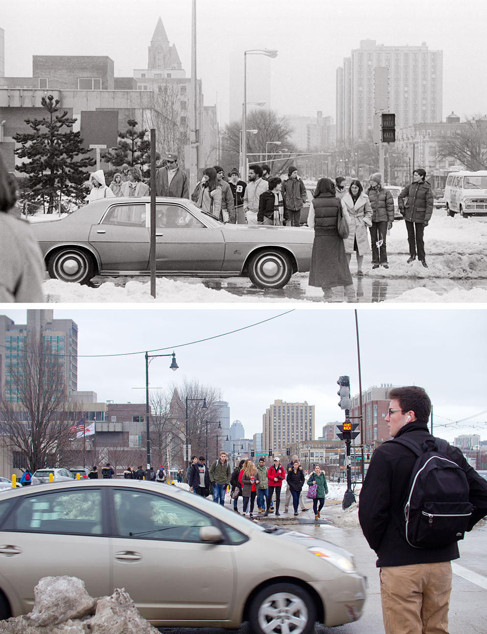 The corner of Commonwealth Avenue and the BU Bridge, winter 1979 vs winter 2017