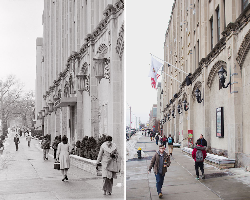 The sidewalk outside of the College of Fine Arts 1979 vs 2017