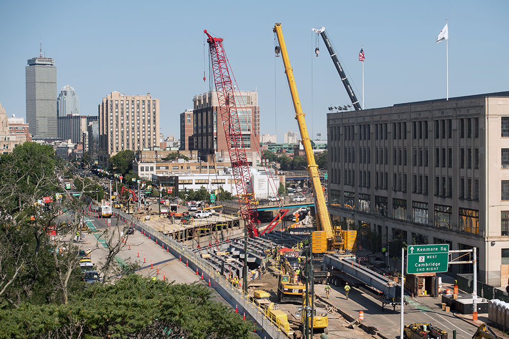 View of construction on Comm Ave with the Prudential standing tall on the horizon