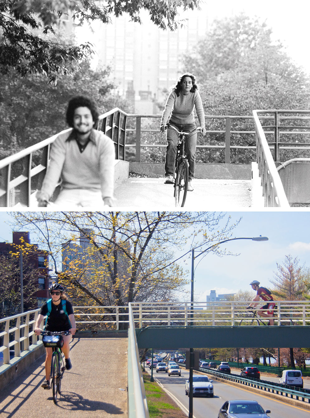 Bicyclists crossing the bridge on the Esplanade 1978 vs 2017