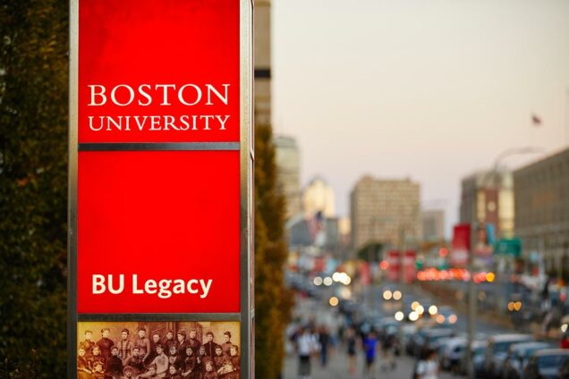 A Boston University sign on the BU Charles River Campus