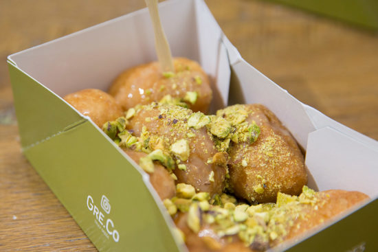 Be sure to save room for dessert. Loukoumades (classic Greek donuts) ($6) are delicious. This version, called Papou’s, is drizzled with mastiha creme and sprinkled with pieces of pistachio.