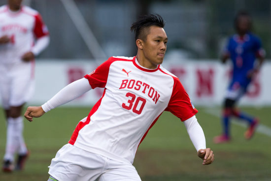 Hoang, who has seen no playing time during his Terrier career outside of exhibition play, has embraced a role as mentor for younger players. Photo by BU Athletics